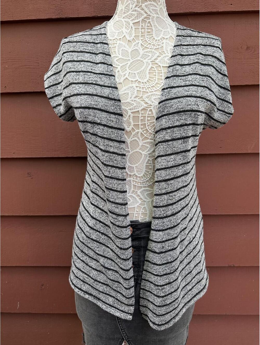 White House Black Market Striped Open Front Cardigan‎ Top Gray Black